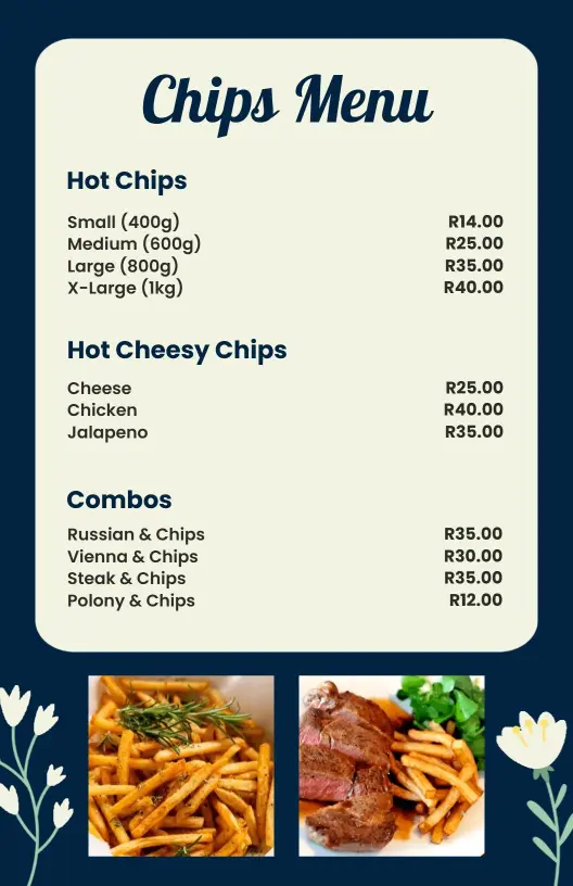 Elegant Navy Floral Chips Menu Template