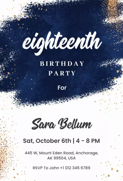 Elegant Navy Gold Eighteenth Birthday Celebration Invitation Template