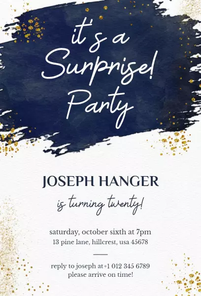 Elegant Navy Gold Surprise Birthday Party Invitation Template