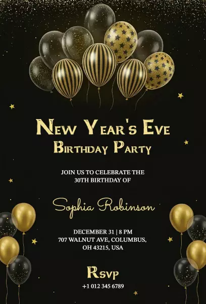 Elegant New Year’s Eve Birthday Celebration Invitation Template