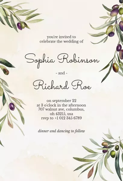 Elegant Olive Branch Wedding Celebration Invitation Template