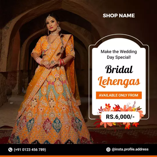 Elegant Orange Bridal Lehenga for Wedding Day Promotion Ad Template