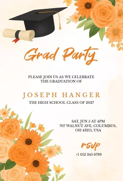 Elegant Orange Floral High School Graduation Invitation Template