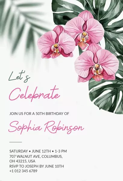 Elegant Orchid Floral 50th Birthday Celebration Invitation Template