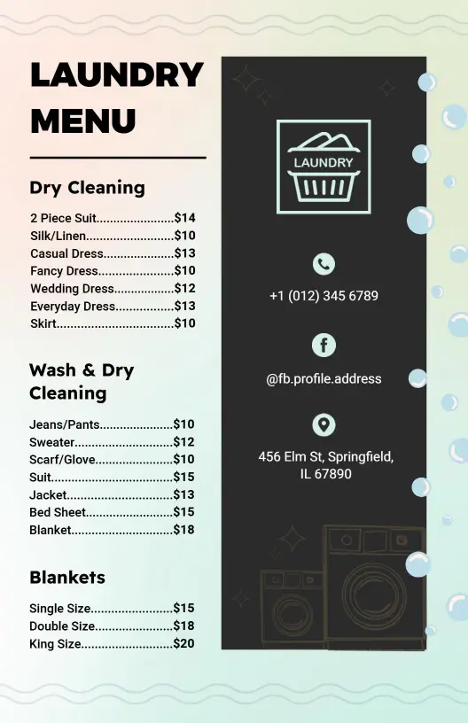 Elegant Pastel Laundry and Dry Cleaning Services Menu Template