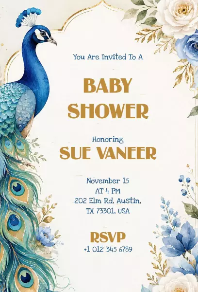 Elegant Peacock Floral Baby Shower Celebration Invitation Template