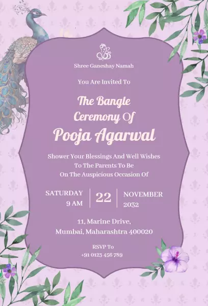 Elegant Peacock Theme Bangle Ceremony Invitation Template