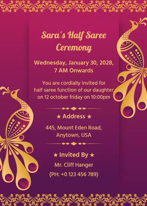 Elegant Peacock Theme Half Saree Ceremony Invitation Template