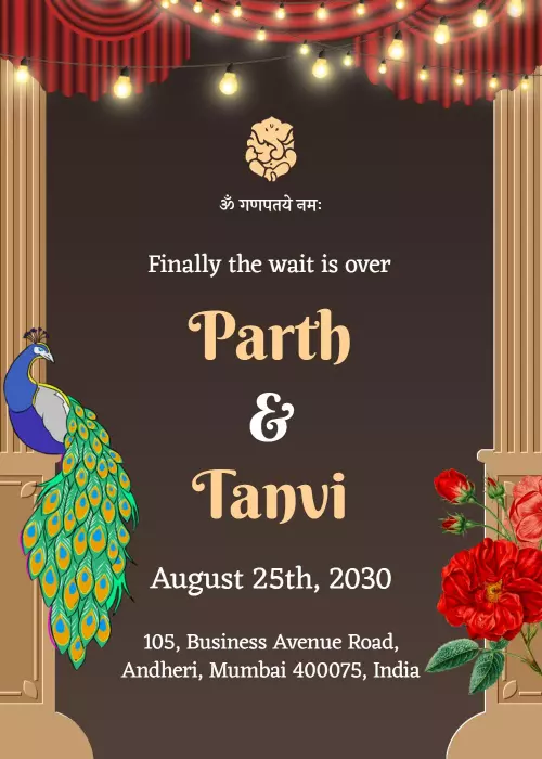 Elegant Peacock Theme Indian Wedding Celebration Invitation Template