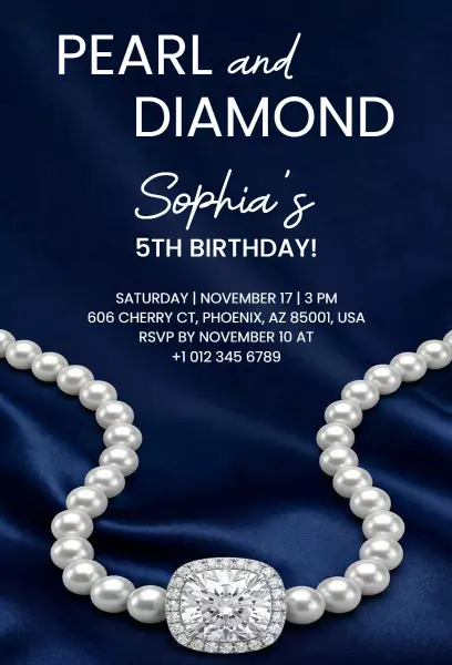 Elegant Pearl Diamond 5th Birthday Celebration Invitation Template