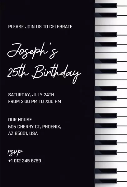 Elegant Piano Theme 25th Birthday Celebration Invitation Template
