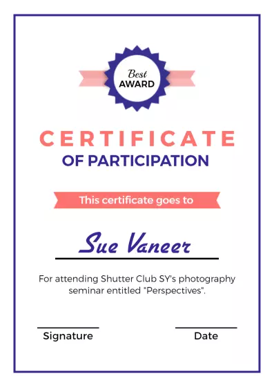 Elegant Pink Award for Photography Seminar Participation Certificate Template