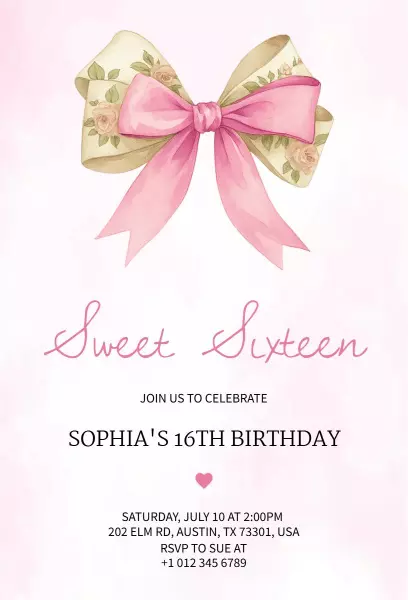 Elegant Pink Bow Sweet Sixteen Birthday Party Invitation Template