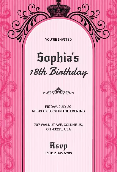 Elegant Pink Crown Themed 18th Birthday Invitation Template