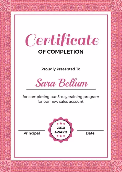 Elegant Pink Floral Design Completion Certificate Template