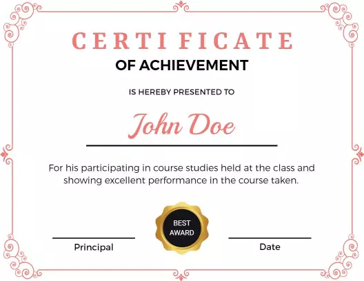 Elegant Pink Flourished Achievement Presentation Certificate Template
