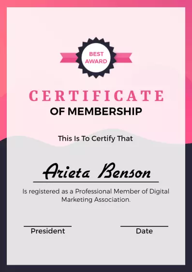 Elegant Pink Gradient Membership Recognition Certificate Template