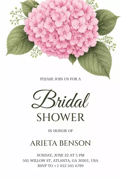 Elegant Pink Hydrangea Floral Bridal Shower Invitation Template