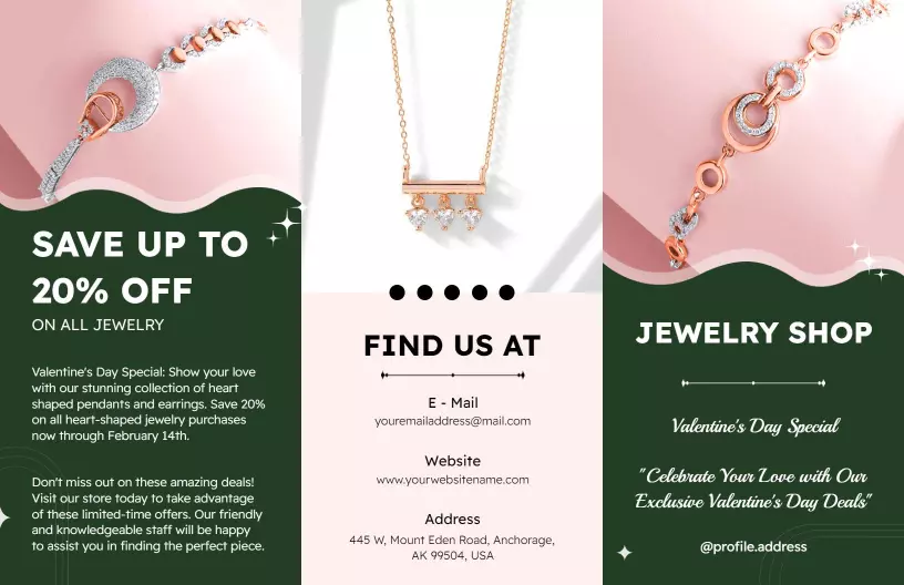 Elegant Pink Jewelry Shop Valentine's Day Discount Brochure Template