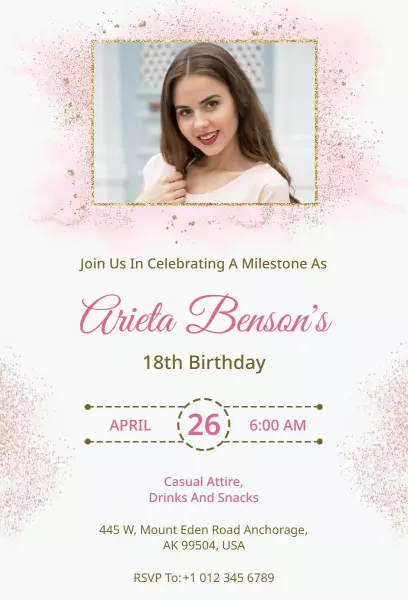 Elegant Pink Milestone 18th Birthday Celebration Invitation Template