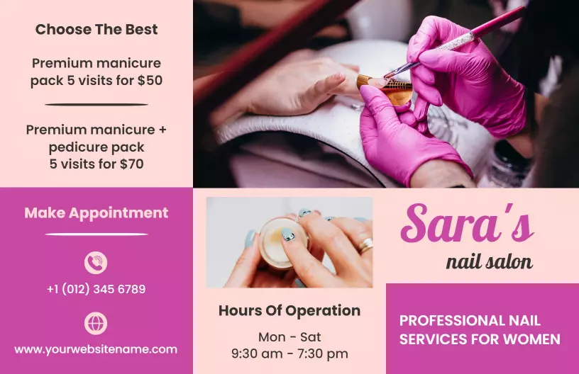 Elegant Pink Nail Salon Manicure and Pedicure Services Brochure Template