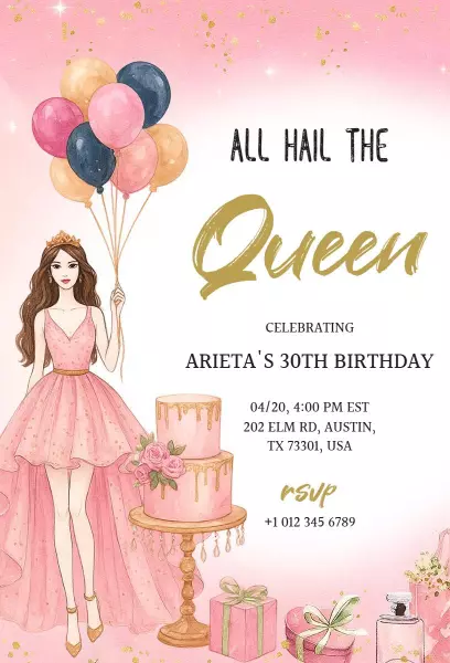 Elegant Pink Queen 30th Birthday Celebration Invitation Template