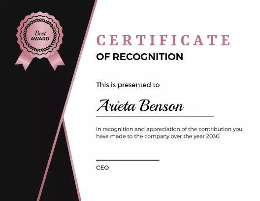 Elegant Pink Ribbon Design Recognition Award Certificate Template