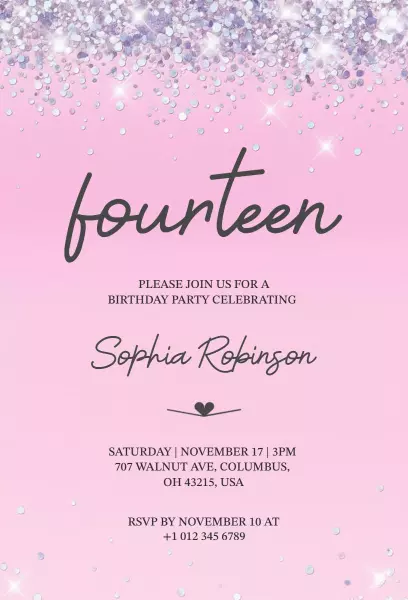 Elegant Pink Sparkle Fourteen Birthday Celebration Invitation Template