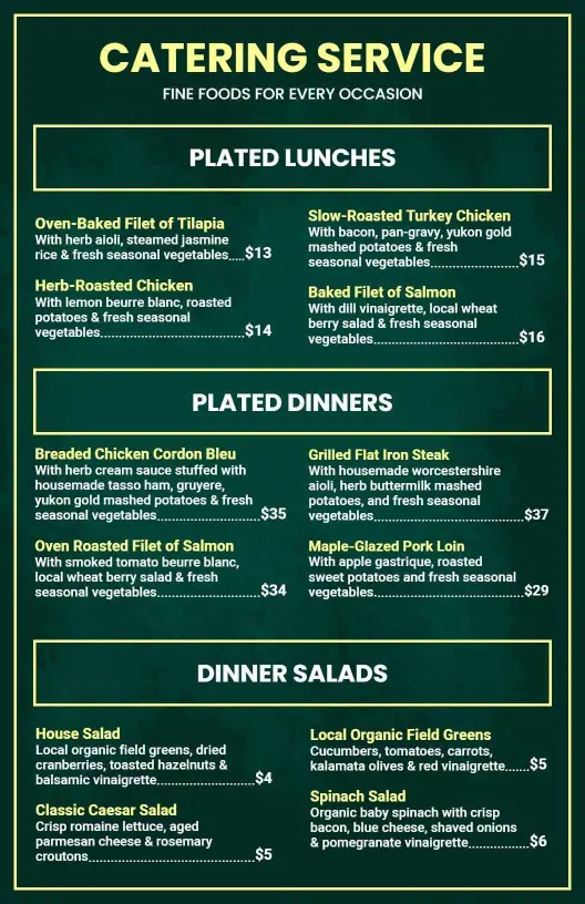 Elegant Plated Lunches and Dinners with Fresh Ingredients Catering Menu Template