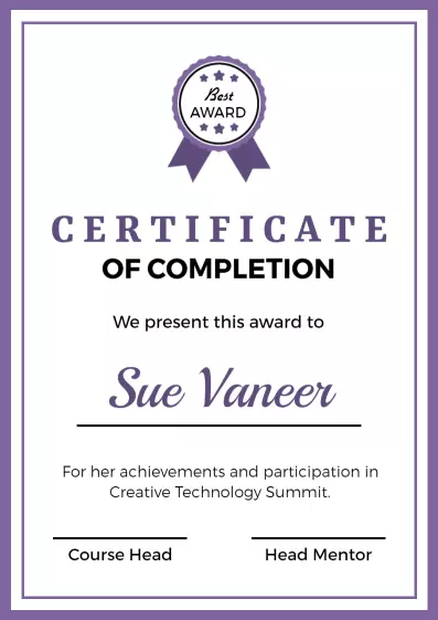 Elegant Purple Achievement Recognition Completion Certificate Template