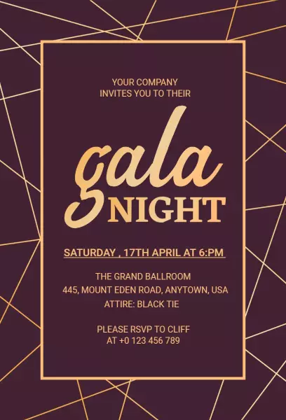 Elegant Purple and Gold Gala Night Invitation Template