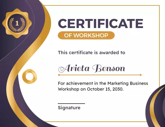 Elegant Purple and Gold Marketing Workshop Achievement Certificate Template