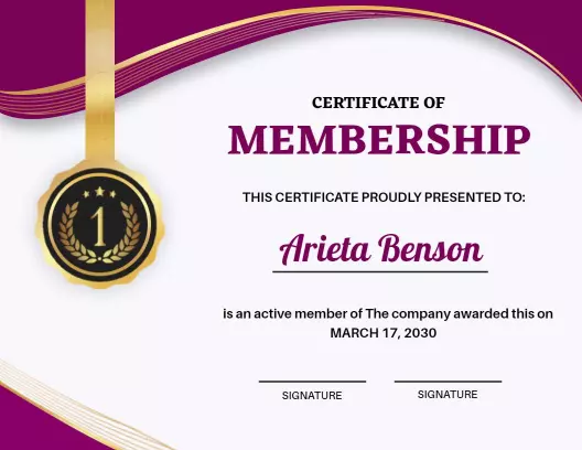 Elegant Purple and Gold Membership Achievement Certificate Template