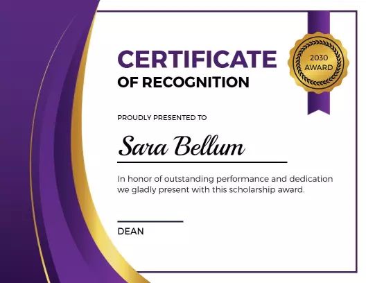Elegant Purple and Gold Scholarship Award Recognition Certificate Template