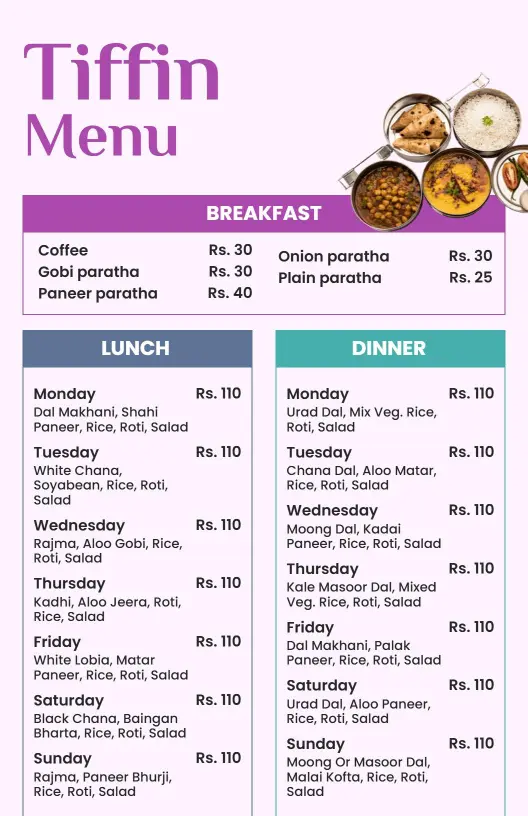 Elegant Purple and Teal Weekly Tiffin Service Menu Template