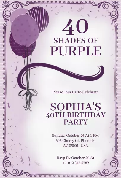 Elegant Purple Balloon 40th Birthday Celebration Invitation Template