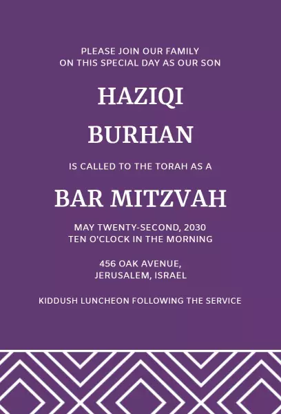 Elegant Purple Bar Mitzvah Celebration Family Invitation Template