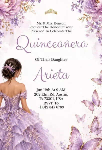 Elegant Purple Butterfly Quinceanera Celebration Invitation Template