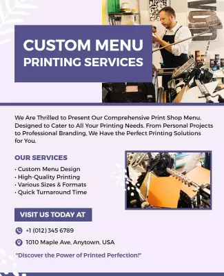 Elegant Purple Custom Menu Printing Services Poster Template