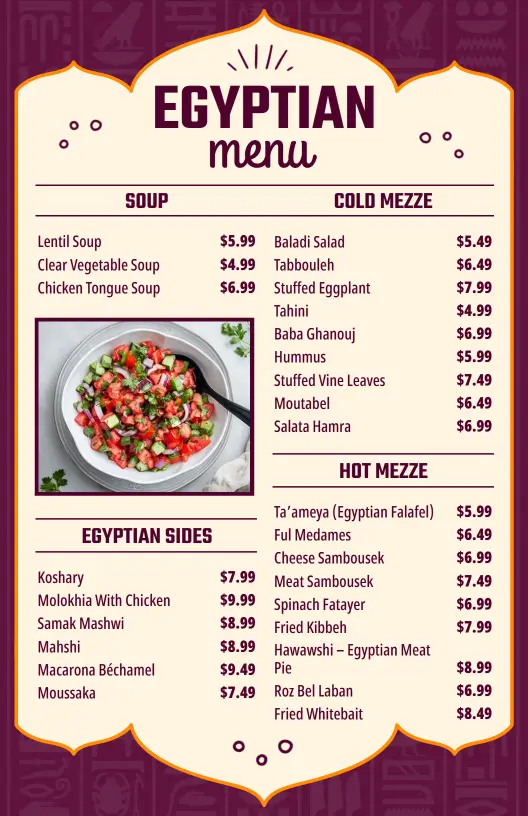 Elegant Purple Egyptian Themed Dining Selection Menu Template
