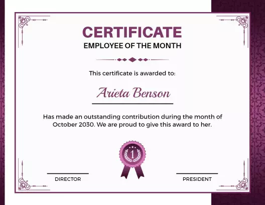 Elegant Purple Employee of the Month Recognition Certificate Template