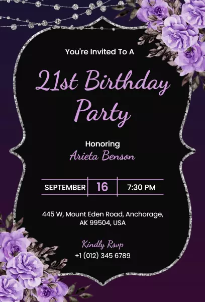 Elegant Purple Floral 21st Birthday Celebration Invitation Template