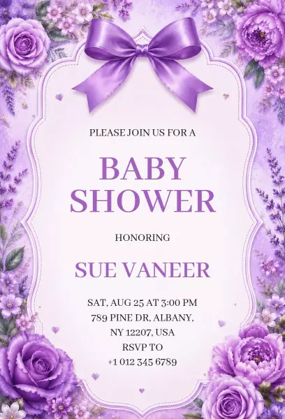 Elegant Purple Floral Bows Ribbons Baby Shower Invitation Template