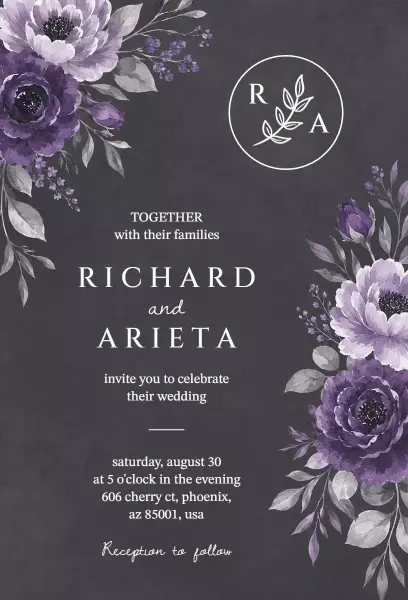 Elegant Purple Floral Wedding Ceremony Invitation Template