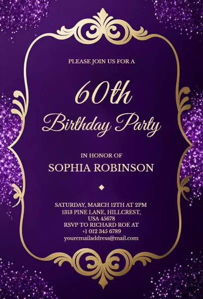 Elegant Purple Gold 60th Birthday Party Invitation Template