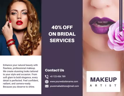 Elegant Purple Makeup Artist Bridal Services Tri Fold Brochure Template