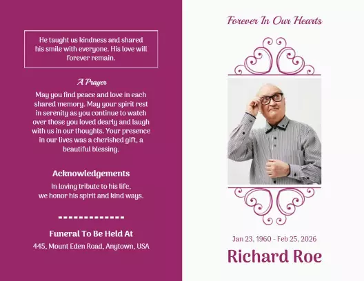 Elegant Purple Memorial Service Tribute Brochure Template