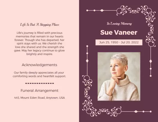 Elegant Purple Memorial Tribute and Funeral Arrangement Brochure Template