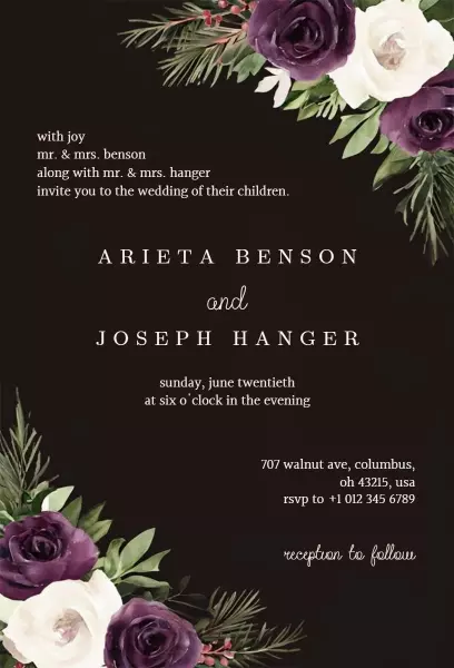 Elegant Purple Rose Floral Wedding Celebration Invitation Template