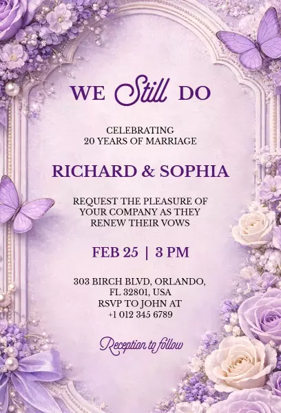 Elegant Purple Vow Renewal 20th Anniversary Invitation Template